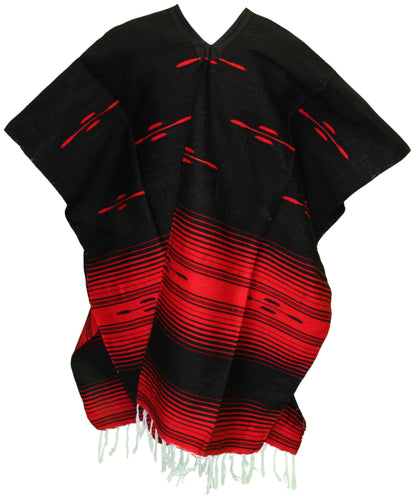 SIDREY Tribal Serape Mexican Poncho - Black/Red