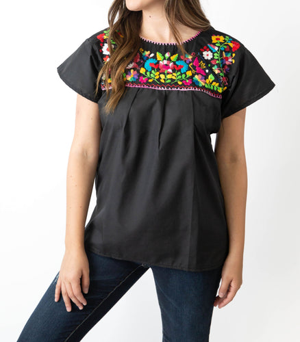 SIDREY Mexican Embroidered Pueblo Blouse - Black