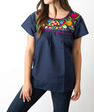 Load image into Gallery viewer, SIDREY Mexican Embroidered Pueblo Blouse - Navy Blue