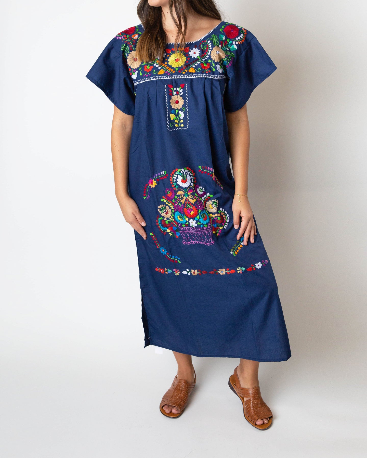 SIDREY Mexican Embroidered Pueblo Dress - Navy Blue