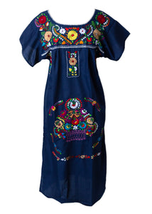 SIDREY Mexican Embroidered Pueblo Dress - Navy Blue
