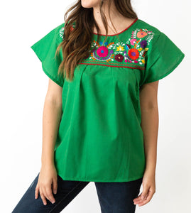 SIDREY Mexican Embroidered Pueblo Blouse - Green