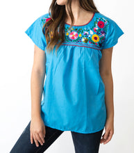 Load image into Gallery viewer, SIDREY Mexican Embroidered Pueblo Blouse - Turquoise