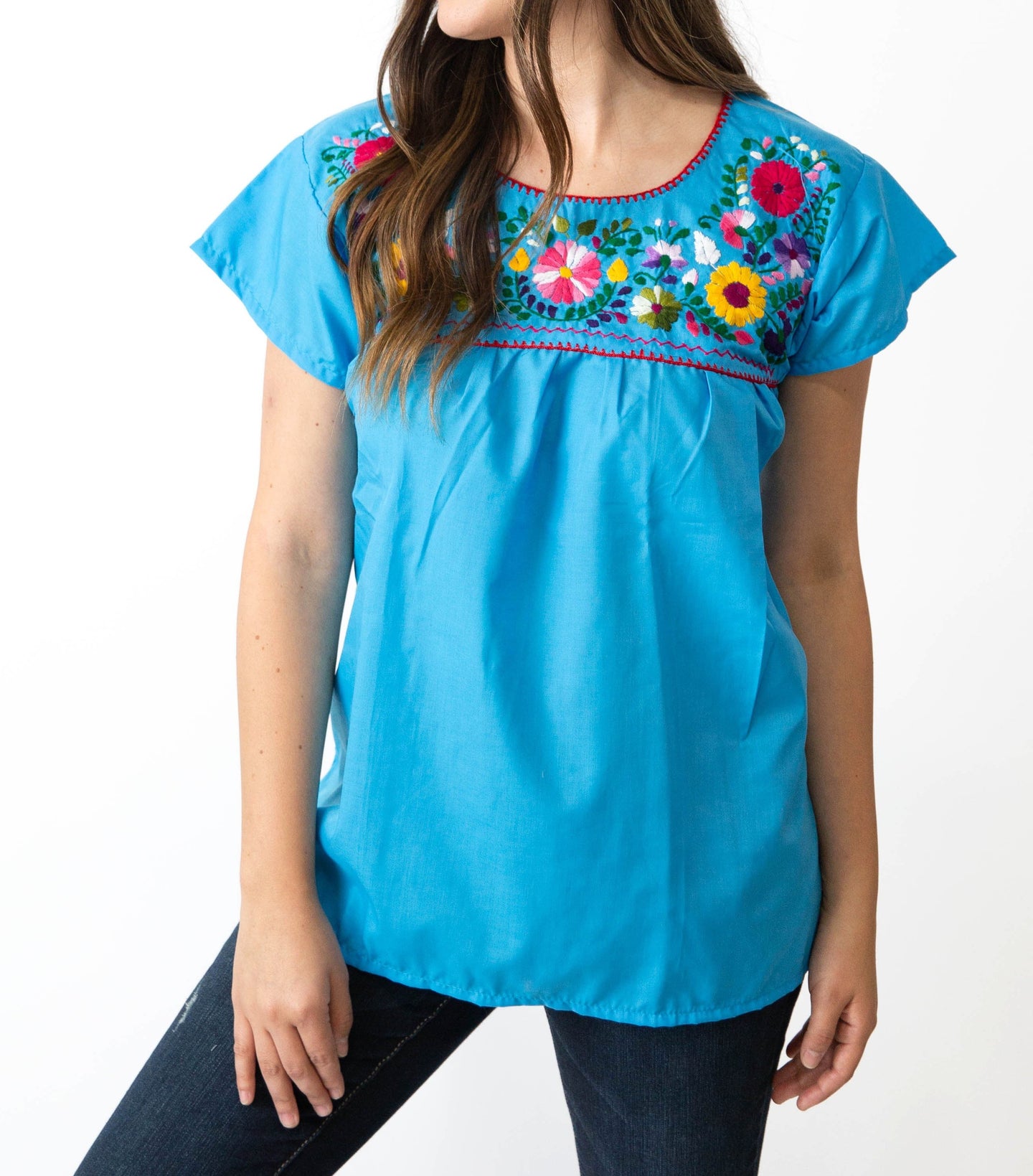 SIDREY Mexican Embroidered Pueblo Blouse - Turquoise