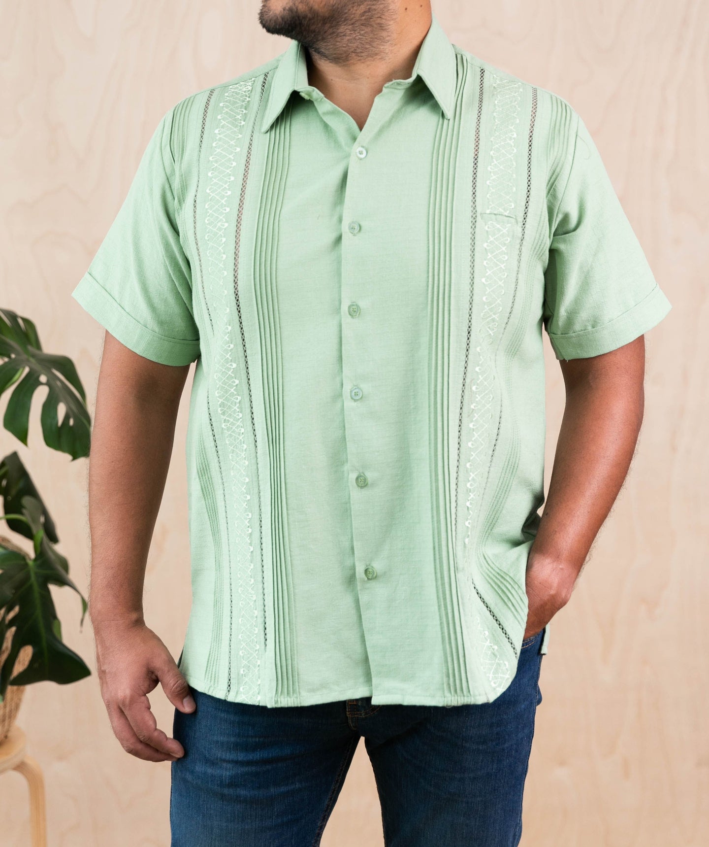 SIDREY Men's Mexican Guayabera Rejilla Shirt - Fern Green