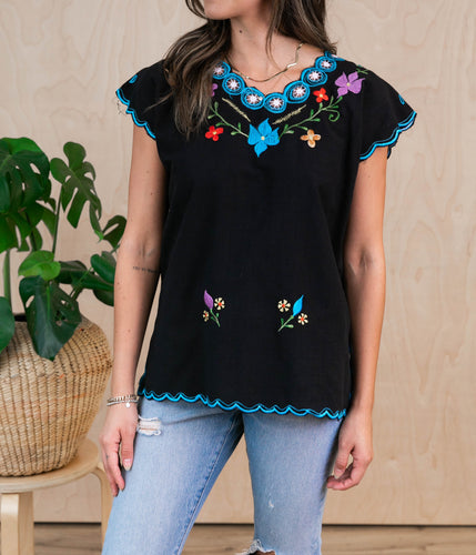 SIDREY Mexican Embroidered Flor Blouse - Black