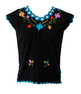SIDREY Mexican Embroidered Flor Blouse - Black