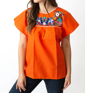SIDREY Mexican Embroidered Pueblo Blouse - Orange