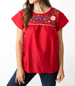 SIDREY Mexican Embroidered Pueblo Blouse - Red