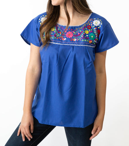 SIDREY Mexican Embroidered Pueblo Blouse - Royal Blue